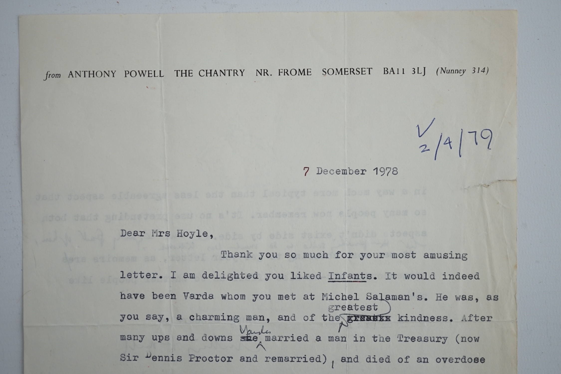 Anthony Powell (1905-2000). Typed letter with handwritten amendments and full signature, to a Mrs Hoyle, 7 December 1978. Discusses Infants of the Spring (1976), Messengers of Day (1978)